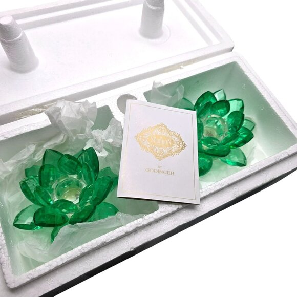 Shannon Crystal Emerald Green Crystal Lotus Candle Holders Godinger NIB JJ3973 - Picture 10 of 15